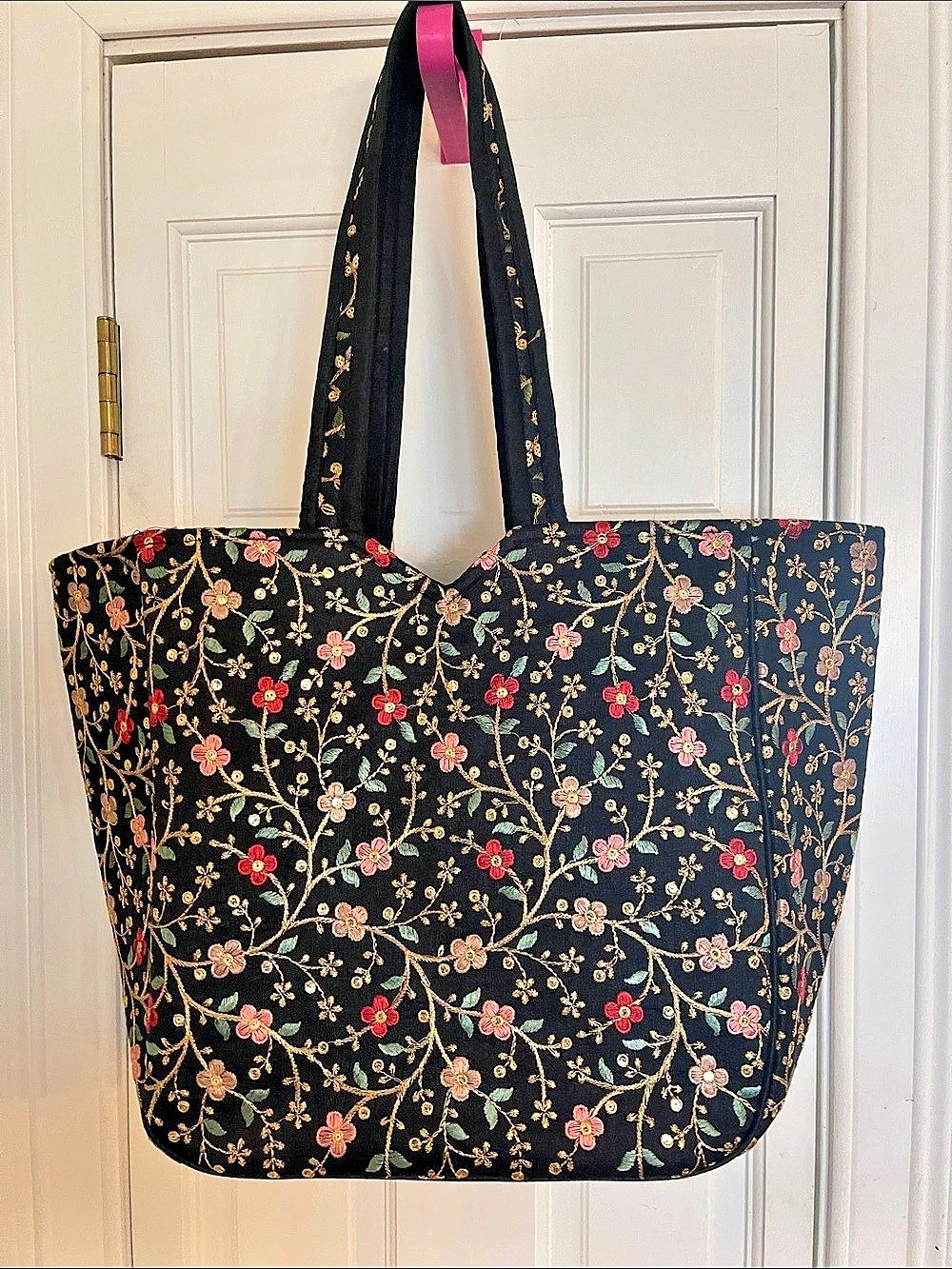 Black Floral Embroidery Print Tote Bag Gujarati Sherwani Style Boho Shoulder Bag